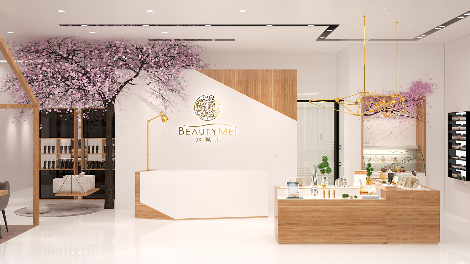 Beautymei水魅兒美甲護膚化妝品專賣體驗店鋪空間設(shè)計，黑色+深原木色風(fēng)格